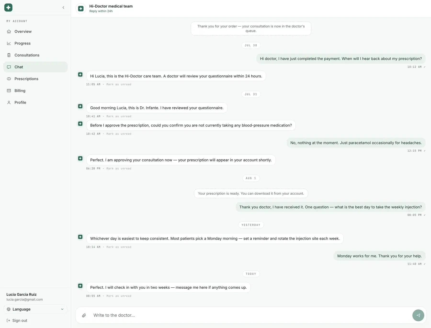 Démonstration de la conversation privée dans le compte entre le patient et le médecin sur Hi-Doctor