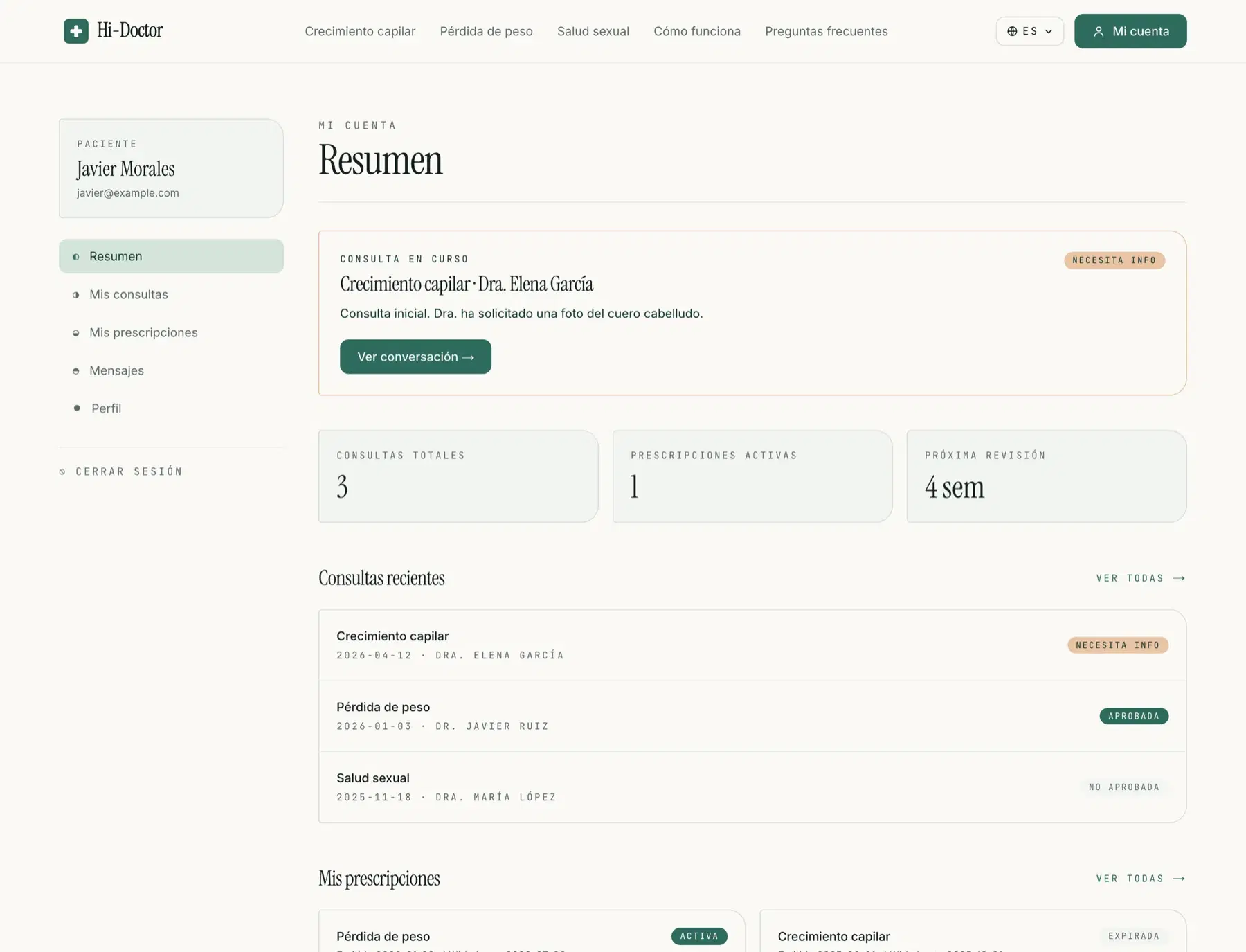 Real screenshot of the patient account dashboard in Hi-Doctor