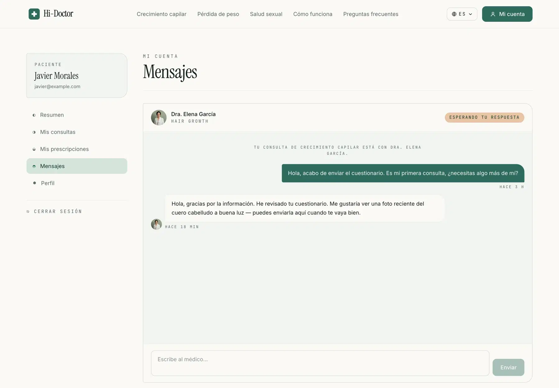 Demo of the private in-account chat between patient and doctor on Hi-Doctor