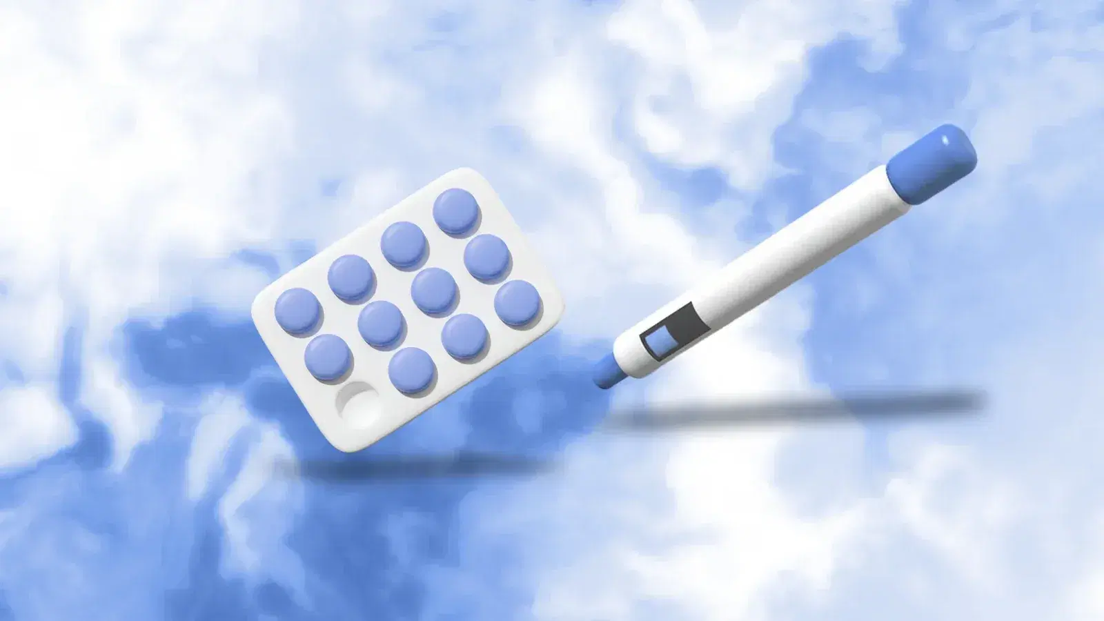 Illustration of a generic injection pen and a blister pack on a blue background