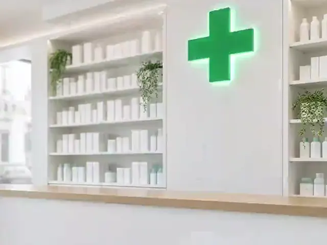 Interno di una farmacia con scaffali e una croce verde