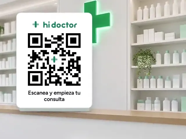 Un espositore QR di Hi Doctor sul banco di una farmacia
